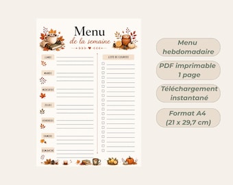 Weekly Meal Planner Printable A4 – Autumn Theme Meal Plan with Grocery List – PDF