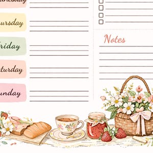 May include: A weekly planner page with watercolor illustrations. The days of the week are listed in pastel colors. A basket of flowers, tea, bread, jam, and strawberries are depicted at the bottom. The word "Notes" is also visible.