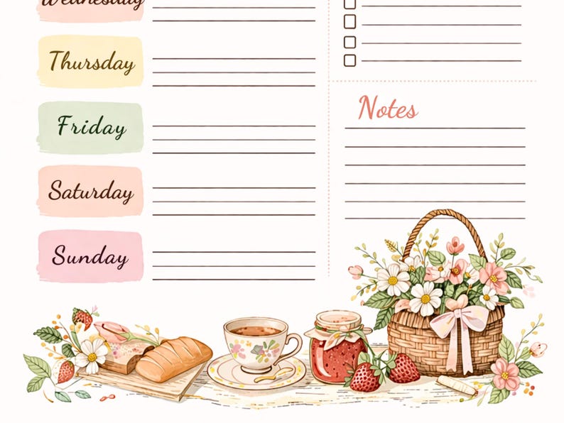 May include: A weekly planner page with watercolor illustrations. The days of the week are listed in pastel colors. A basket of flowers, tea, bread, jam, and strawberries are depicted at the bottom. The word "Notes" is also visible.