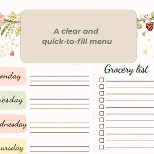May include: A clear and quick-to-fill menu with a grocery list and space for daily meal planning. The design features floral accents and pastel-colored labels for each day of the week.