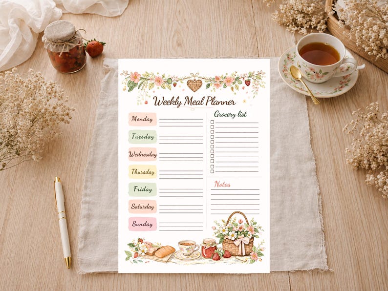 May include: A Weekly Meal Planner with floral and strawberry illustrations. The planner includes sections for each day of the week, a grocery list, and notes. A pen, tea cup, and jam jar are also visible.
