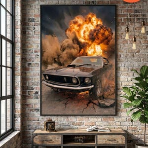 Peut inclure: Impression numérique d'une Ford Mustang noire de 1969 émergeant d'une explosion. L'œuvre d'art présente une scène dynamique avec une explosion flamboyante et la voiture brisant le sol. Le texte "DIGITAL DOWLOAD IMPRESSION NUMERIQUE" est visible.