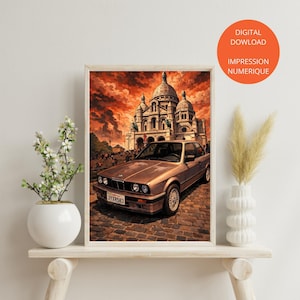 Peut inclure: Impression d'art encadrée représentant une voiture ancienne devant une cathédrale sous un ciel flamboyant. L'œuvre utilise une palette de couleurs chaudes, avec des tons orange et marron. Le texte "DIGITAL DOWLOAD IMPRESSION NUMERIQUE" est inclus.
