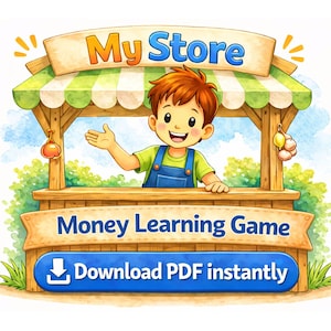 Könnte beinhalten: Illustration eines Jungen hinter einem Holzstand. Der Stand zeigt "My Store" und "Money Learning Game". Eine Schaltfläche zeigt "Download PDF instantly".
