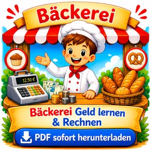 Puede incluir: Ilustración colorida de una panadería. Un panadero de dibujos animados sonriente está detrás de un mostrador con una caja registradora, dinero y monedas. Se exhiben cestas de pan y pretzels. El texto "Bäckerei" y "Bäckerei Geld lernen & Rechnen" son visibles.