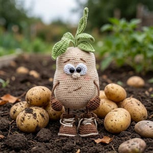 May include: A handmade crochet potato character with a downcast expression, green leaves, and brown boots, positioned in a garden setting with potatoes. The doll features a beige body, white eyes, and rosy cheeks. The arms and legs are brown.