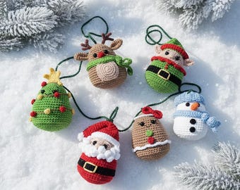 Crochet Christmas Ornament Pattern Set PDF, Amigurumi Santa Elf Snowman Tree Decorations