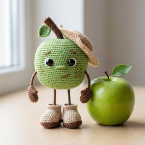 May include: A crocheted green apple character with a brown stem, leaf, arms, and shoes, wearing a tan hat. Next to it is a fresh green apple. The character has black eyes and a smiling face.