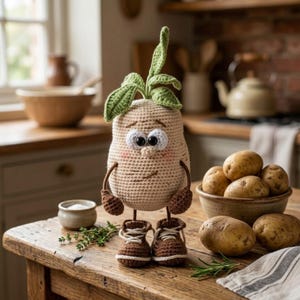 Puede incluir: Una figura de patata de ganchillo con una cara sonriente, brazos y piernas, que lleva zapatos marrones. La patata tiene hojas verdes que brotan de la parte superior. Un cuenco de patatas está cerca sobre una mesa de madera.