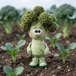 Puede incluir: Un personaje de brócoli tejido a ganchillo con una cara sonriente, mejillas rosadas y botas verdes está en un jardín. La muñeca hecha a mano tiene una cabeza y brazos texturizados, y está rodeada de plantas jóvenes y cabezas de brócoli.