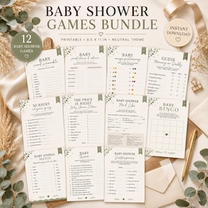 May include: A printable baby shower games bundle featuring 12 activity sheets including word scramble, predictions, emoji pictionary, guess mommy or daddy, nursery rhyme quiz, price is right, mad libs, baby bingo, animal match, trivia, and scattergories.