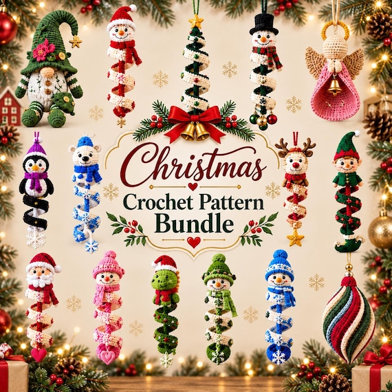 15 Christmas Crochet Patterns Bundle PDF, Spiral Ornaments, Santa Snowman Amigurumi, Hanging Tree Decor, English US Terms, Digital Download
