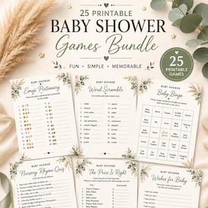 May include: A 25 printable baby shower games bundle featuring cards for Emoji Pictionary, Word Scramble, Baby Bingo, Nursery Rhyme Quiz, The Price Is Right, and Wishes for Baby, all decorated with green eucalyptus leaves and pampas grass.