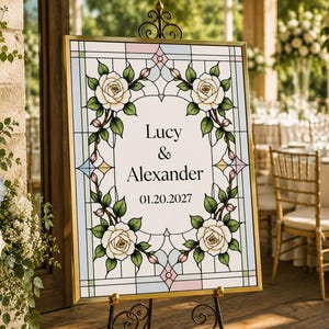 Editable Stained Glass Wedding Welcome Sign Template, Personalized Wedding Sign, Floral Rose Poster, Canva Template (Digital Download)