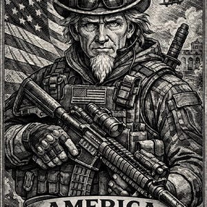 May include: A monochrome illustration of Uncle Sam in military attire, holding a rifle. The image features an American flag, helicopters, and the text "AMERICA 250 YEARS 1776-2026" on a banner. The artwork is rendered in a detailed, engraved style.
