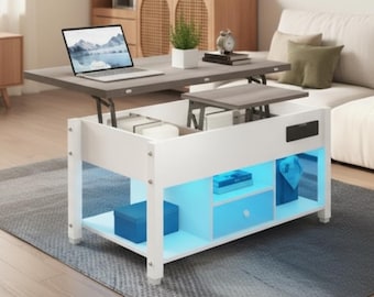 Modern Adjustable Coffee Table with LED Lighting and Lift Top Storage for Living Room