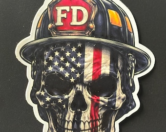 FD Skull Firefighter Helmet Red Line Flag Vinyl Sticker – Durable Waterproof Decal