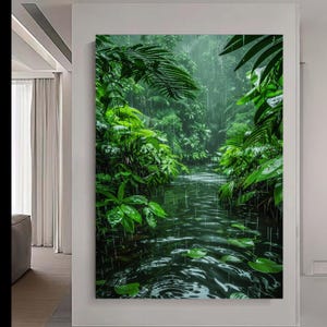 Tropical Rainforest Canvas, Lush Green Foliage, Serene Rainy Jungle Wall Art image 6