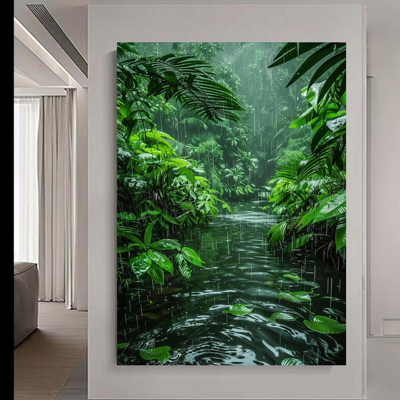 Tropical Rainforest Canvas, Lush Green Foliage, Serene Rainy Jungle Wall Art image 6