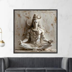 Canvaskunst meditatieve Shiva-standbeeld, yogahouding, decor hindoegodheid, neutrale tinten meditatieruimte afbeelding 2
