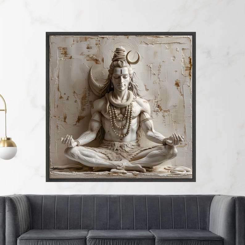 Canvaskunst meditatieve Shiva-standbeeld, yogahouding, decor hindoegodheid, neutrale tinten meditatieruimte afbeelding 2