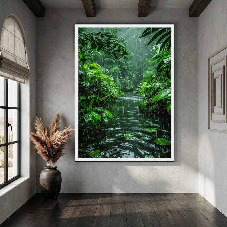 Tropical Rainforest Canvas, Lush Green Foliage, Serene Rainy Jungle Wall Art image 5