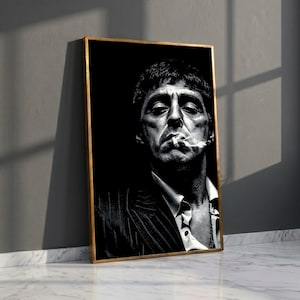 Monochrome Intense Man Portrait Canvas, Dramatic Smoking Character Wall Art, Noir Style Canvas Decoration, Bold Home Art
