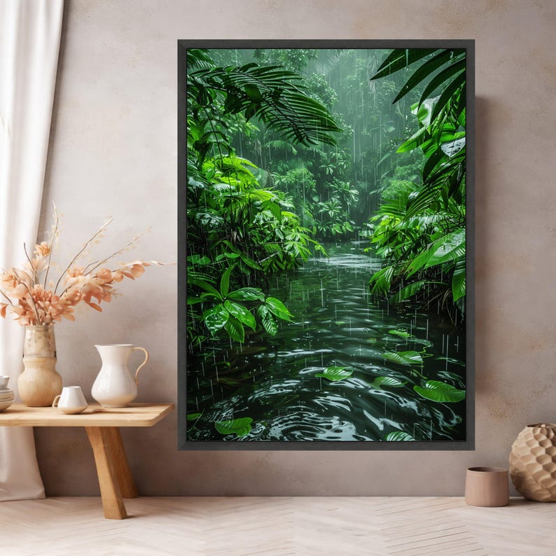 Tropical Rainforest Canvas, Lush Green Foliage, Serene Rainy Jungle Wall Art image 4