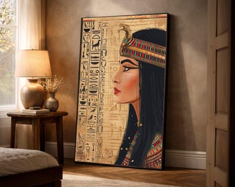 Cleopatra-profiel canvaskunst, oude Egyptische koningin muur decor, hiërogliefen farao print