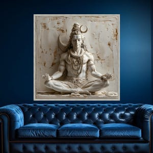 Canvaskunst meditatieve Shiva-standbeeld, yogahouding, decor hindoegodheid, neutrale tinten meditatieruimte afbeelding 3