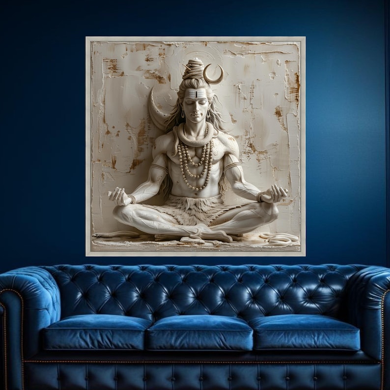 Canvaskunst meditatieve Shiva-standbeeld, yogahouding, decor hindoegodheid, neutrale tinten meditatieruimte afbeelding 3