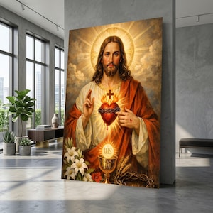 Heilig hart van Jezus canvas muurkunst, goddelijke liefde illustratie, religieuze huisdecoratie