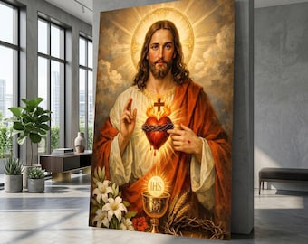 Heilig hart van Jezus canvas muurkunst, goddelijke liefde illustratie, religieuze huisdecoratie