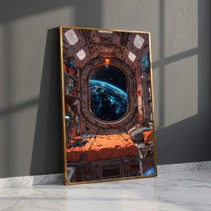 May include: A framed art print depicts a futuristic spaceship interior with a large circular window showcasing a view of Earth. The interior features orange bedding, metallic walls, and a gold frame. The artwork evokes a sense of space exploration and science fiction.