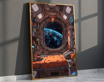 Può includere: Una stampa artistica incorniciata raffigura un interno di astronave futuristica con una grande finestra circolare che mostra una vista della Terra. L'interno presenta lenzuola arancioni, pareti metalliche e una cornice dorata. L'opera d'arte evoca l'esplorazione spaziale e la fantascienza.