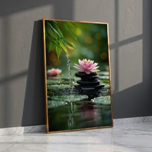 Zen-tuin lotusbloem canvas, bamboe waterstroom, rustige spa-meditatiekunst