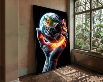 Könnte beinhalten: Gerahmter Kunstdruck mit einer digitalen Illustration einer Hand, die die Erde hält. Der Globus zeigt Kontinente und Stadtlichter, mit einem feurigen Glühen von der Hand. Das Kunstwerk wird in einem Raum mit einem Fenster präsentiert.