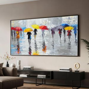 Bunte Regenschirme Abstraktes Stadtbild Leinwand, Regnerischer Tag Straßenkunst, moderne Wanddekoration