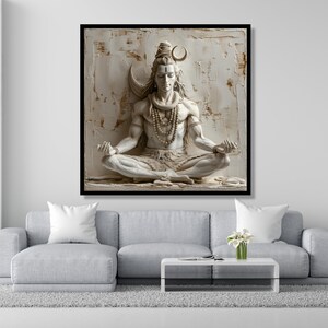Canvaskunst meditatieve Shiva-standbeeld, yogahouding, decor hindoegodheid, neutrale tinten meditatieruimte afbeelding 5