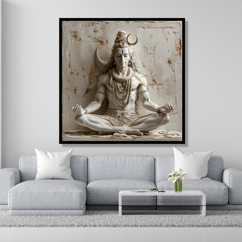 Canvaskunst meditatieve Shiva-standbeeld, yogahouding, decor hindoegodheid, neutrale tinten meditatieruimte afbeelding 5