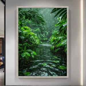 Tropical Rainforest Canvas, Lush Green Foliage, Serene Rainy Jungle Wall Art image 3