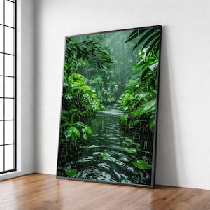Tropical Rainforest Canvas, Lush Green Foliage, Serene Rainy Jungle Wall Art image 1