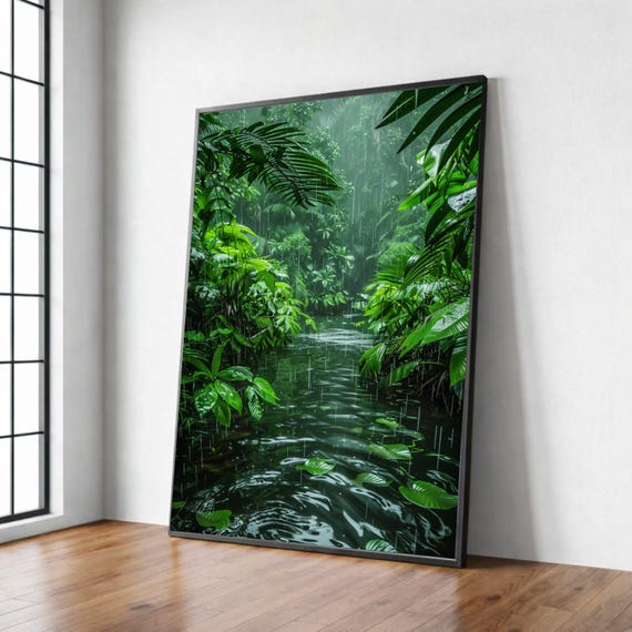 Tropical Rainforest Canvas, Lush Green Foliage, Serene Rainy Jungle Wall Art