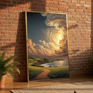 Strahlende Spirale Wolkengebilde, Küstenweg Sonnenuntergang Strand Wandkunst, goldene Himmel Landschaft Wohnkultur