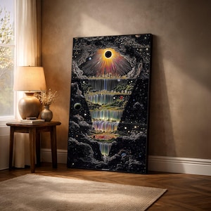 Tela con cascata cosmica, paesaggio celeste surreale da parete, stampa artistica dell'eclissi solare, decorazione mistica dell'universo, tela per la casa