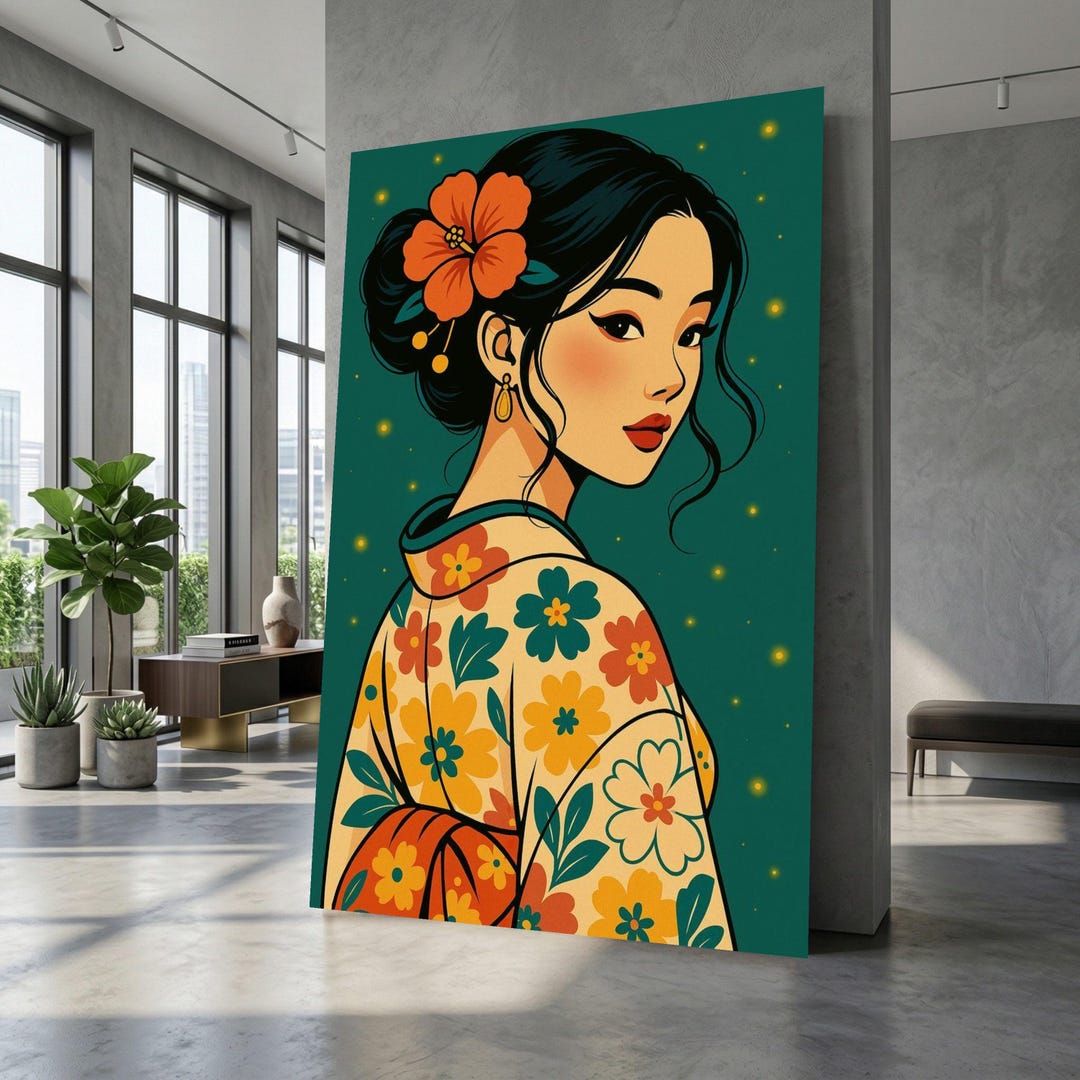 Asian Woman Floral Kimono Canvas Print, Modern Portrait Wall Art - Etsy