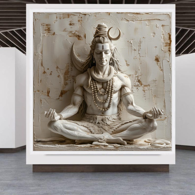 Canvaskunst meditatieve Shiva-standbeeld, yogahouding, decor hindoegodheid, neutrale tinten meditatieruimte afbeelding 4