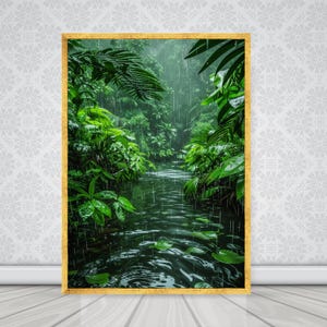 Tropical Rainforest Canvas, Lush Green Foliage, Serene Rainy Jungle Wall Art image 2