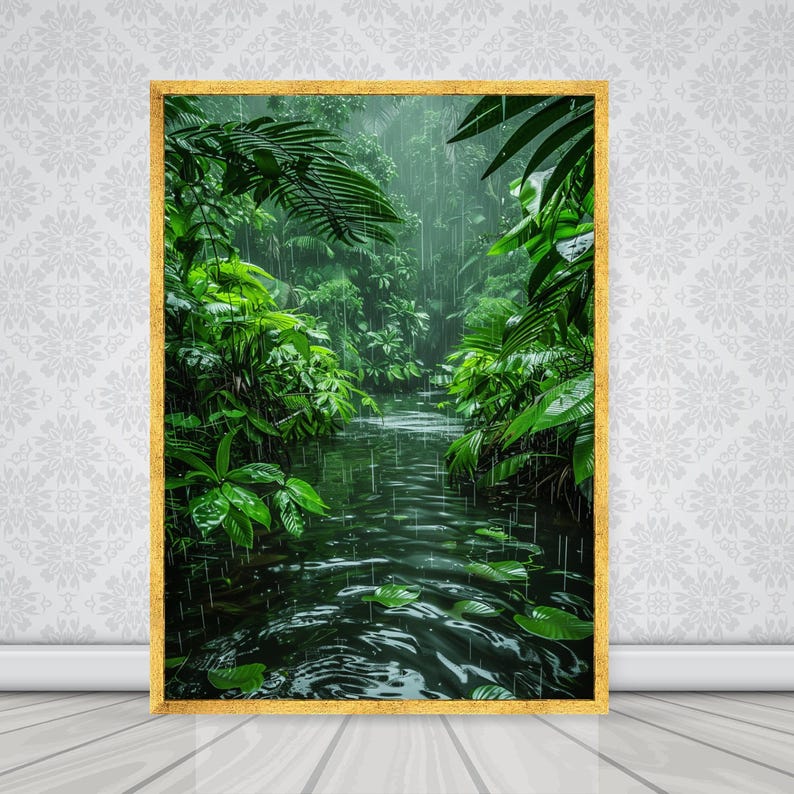 Tropical Rainforest Canvas, Lush Green Foliage, Serene Rainy Jungle Wall Art image 2