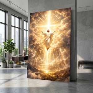 Radiant Ascension Canvas, Glowing Cross Christian Artwork, Spiritual Home Decor